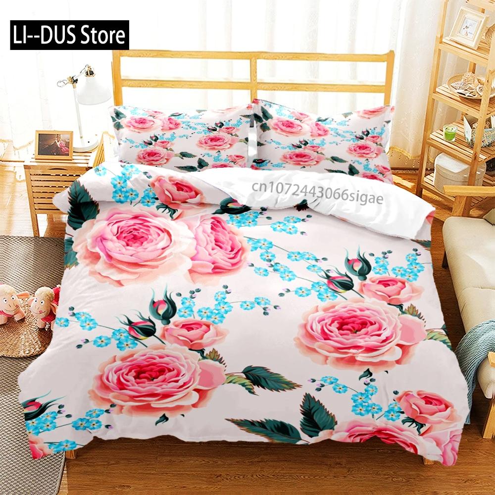 Rose Flower Butterfly Art Print Three Piece Bedding Set Fashion Children or Adults for Beds Quilt Covers Pillowcases Bedding Set