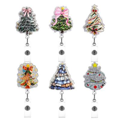 Christmas Tree Badge Reel With Retractable Clip, Cute Bow Holiday Nurse Id Card Badge Holder, Glitter Name Tag Badge Reels