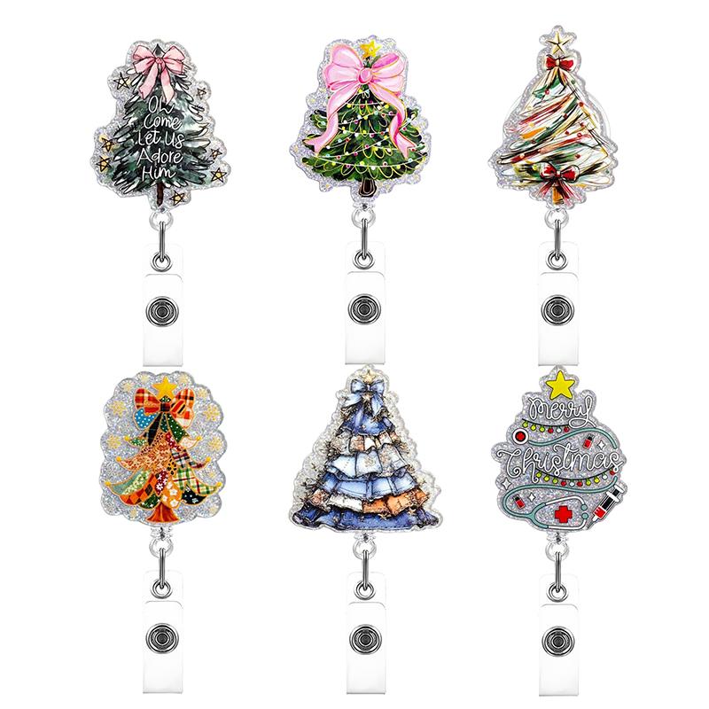 Glitter Acrylic Christmas Tree Badge Clip Retractable Keychain With Card Holder For Party Gift