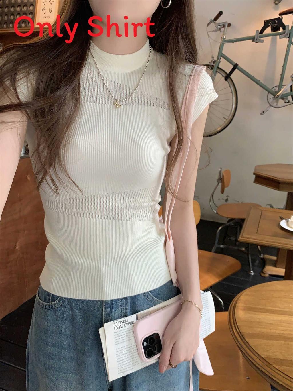 Korean Style Knit Sweater With Sheer Mesh Short Sleeves For Spring Casual Wear Apricot,S