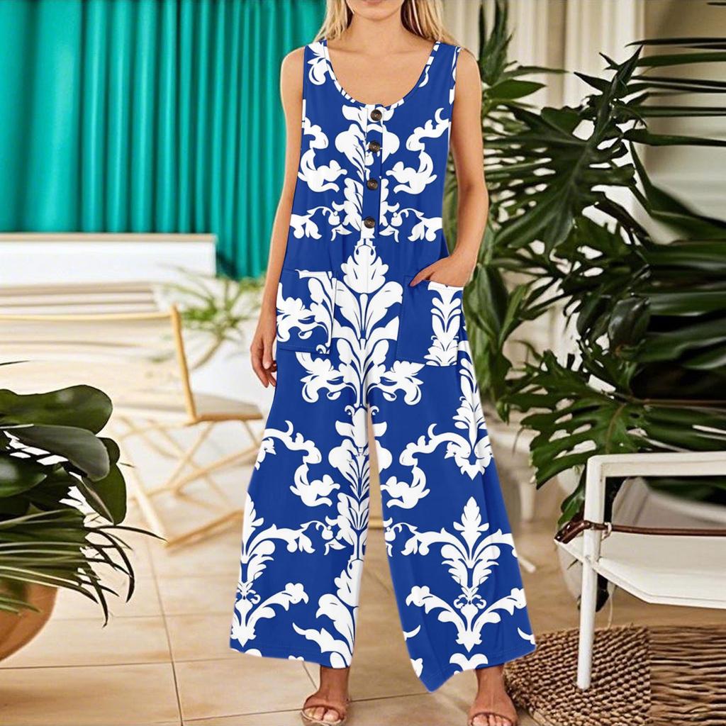 Women's Fashion Casual Button Sleeveless Jumpsuit Floral Flower Print Cotton Pocket Jumpsuit