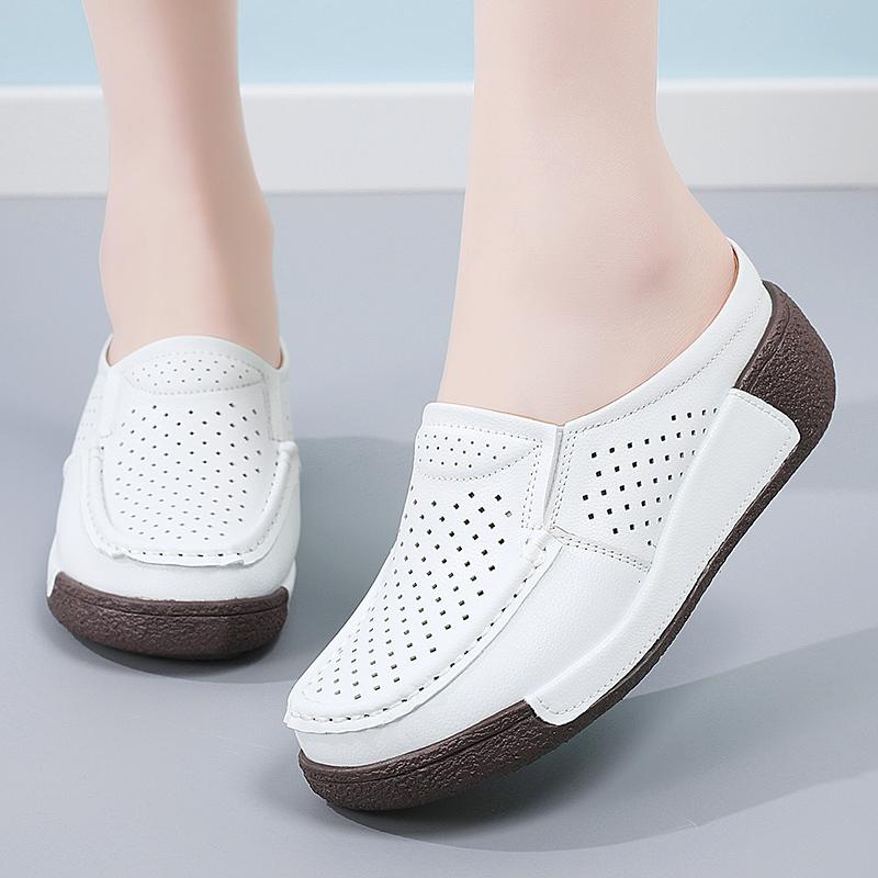 Ladies Platform Loafers Casual Elegant Leather Sandals Clog Slippers Backless Mules Women Thick Sole Height Increase Shake Shoe