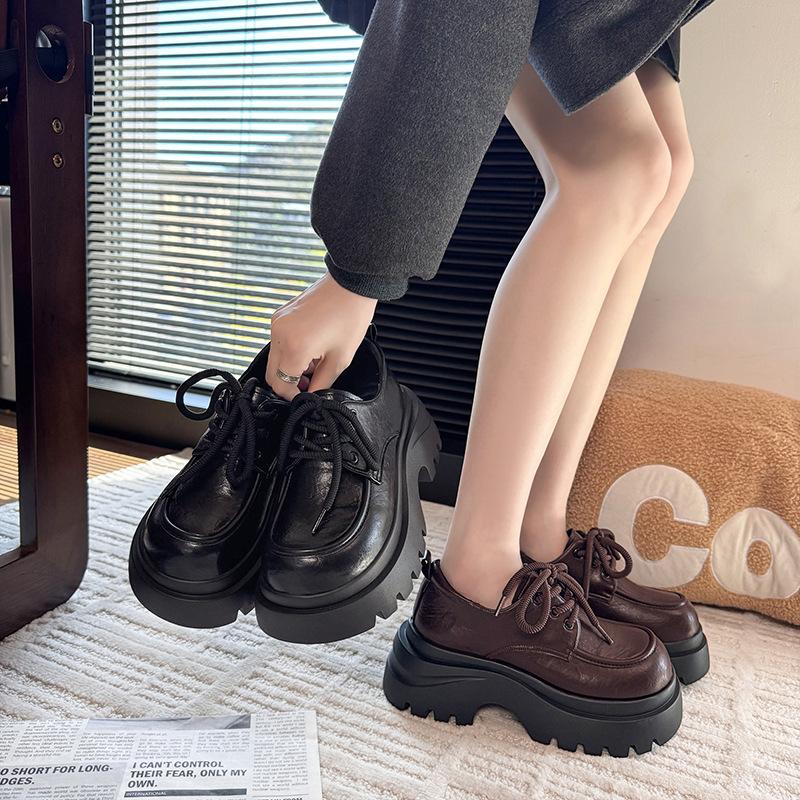 Platform Small Leather Shoes Women's British Style Autumn 2025 New French Single Shoes Heightening Lace-up Muffin Loafers