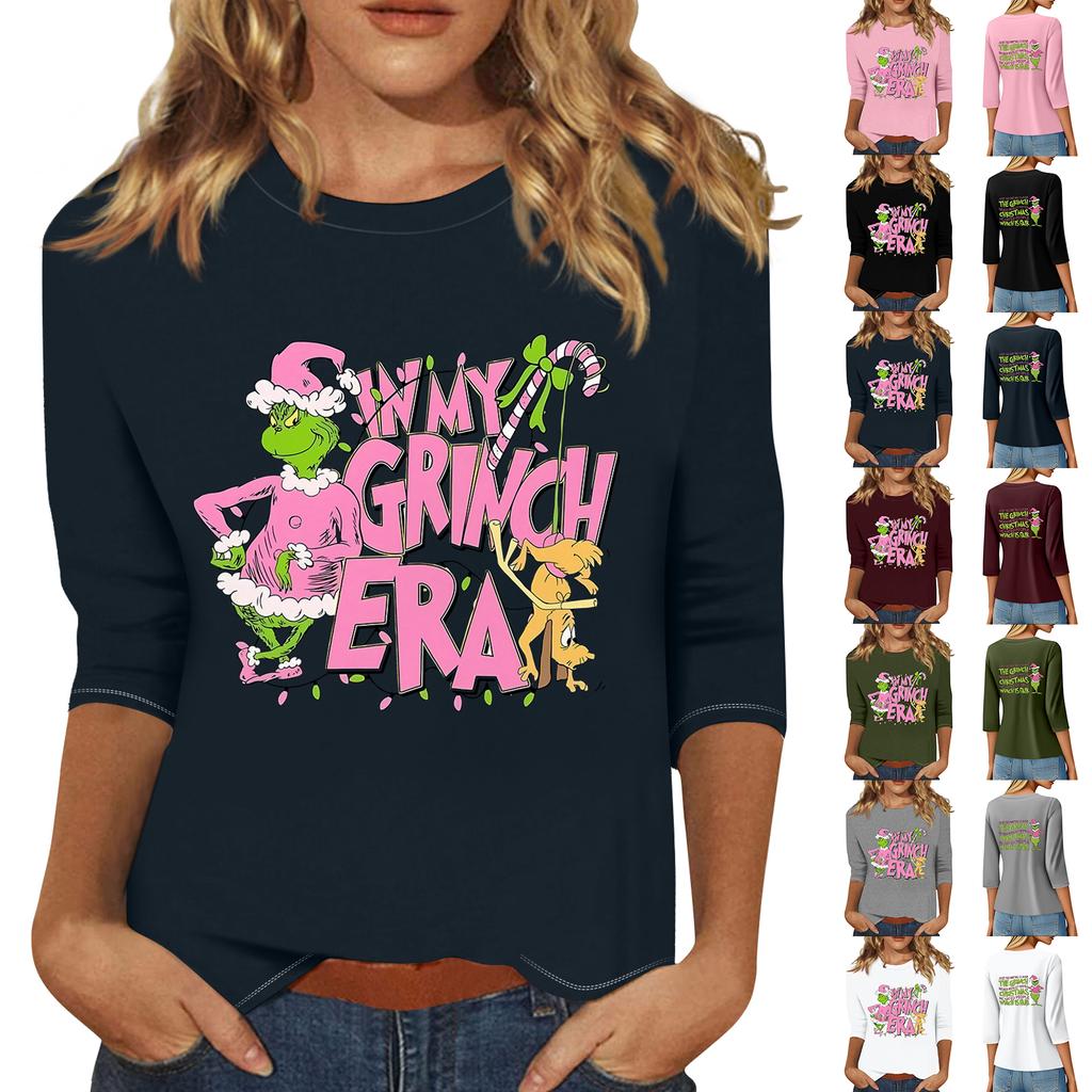 3/4 Sleeve Tops For Women T-Shirt Casual Christmas Print Tops T Shirt Round Neck Pullover Blouse