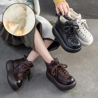 Wolle Warm Retro Plateau Kurze Stiefel Echtes Leder Runde Zehenpartie Dicke Sohle Damenschuhe