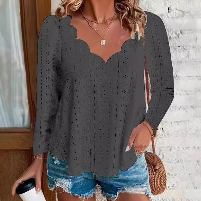 

French Style Fashion Women New Arrival Mesh Stylish Classy Shirt V Neck Fluted Collar Pure Color Breathable Jacquard Long Sleeves Black(Black) XL