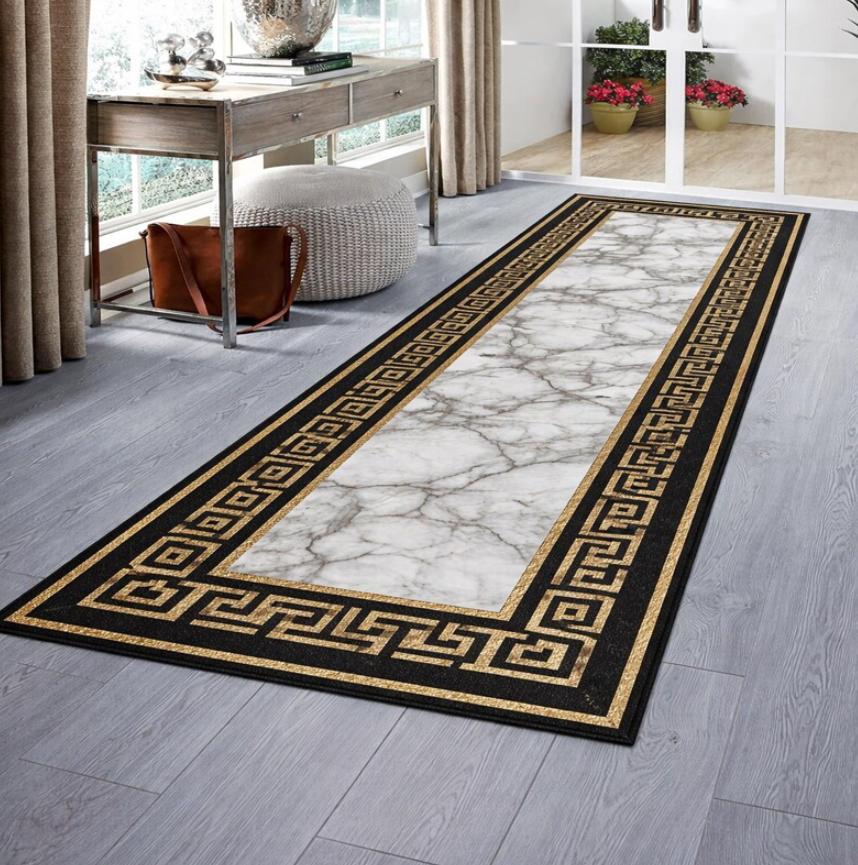 Luxury Marble Hallway Runner Greek Key Border Long Runner Rug, Black Gold Modern Corridor Runner Retro Home Decoration