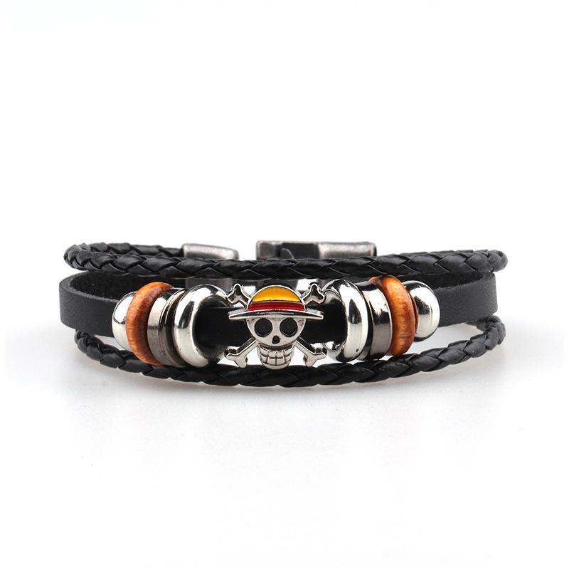 

One Piece Luffy Men s Skull Leather Bracelet with Wood Beads