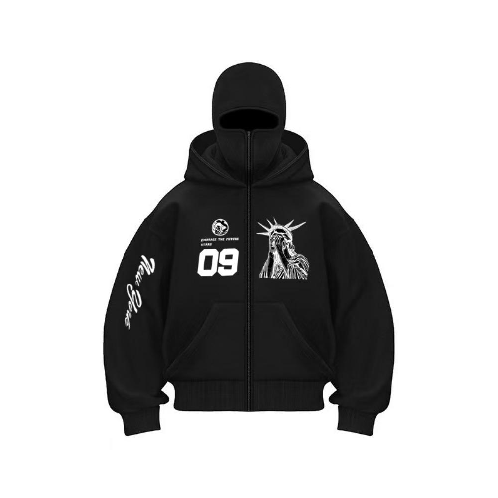 Autumn and Winter Fashion Harajuku Y2K Printed Pattern Street Zipper Double Hat Hoodie Suitable for Men and Women Hip Hop