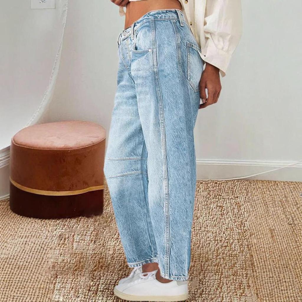 Damen Vintage Bananenhose Lockere Machete Hose Weite Beinhose Mittel Taille Gerade Jeans