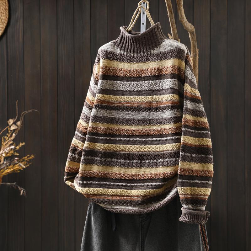 2025 Women's Colorful Fair Isle Cotton Sweater, Half-High Neck, Autumn/Winter Style, Versatile for Outerwear or Layering