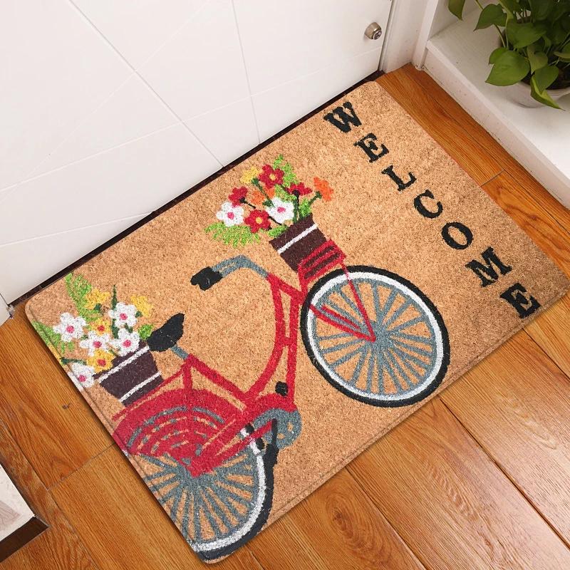 

Bicycle Pattern Door Mat Flower Anti-slip Welcome Home Entrance Floor Carpets Bathroom Hallway Kitchen Rug Washable Indoor Decor 40x60cm 16x24 inch