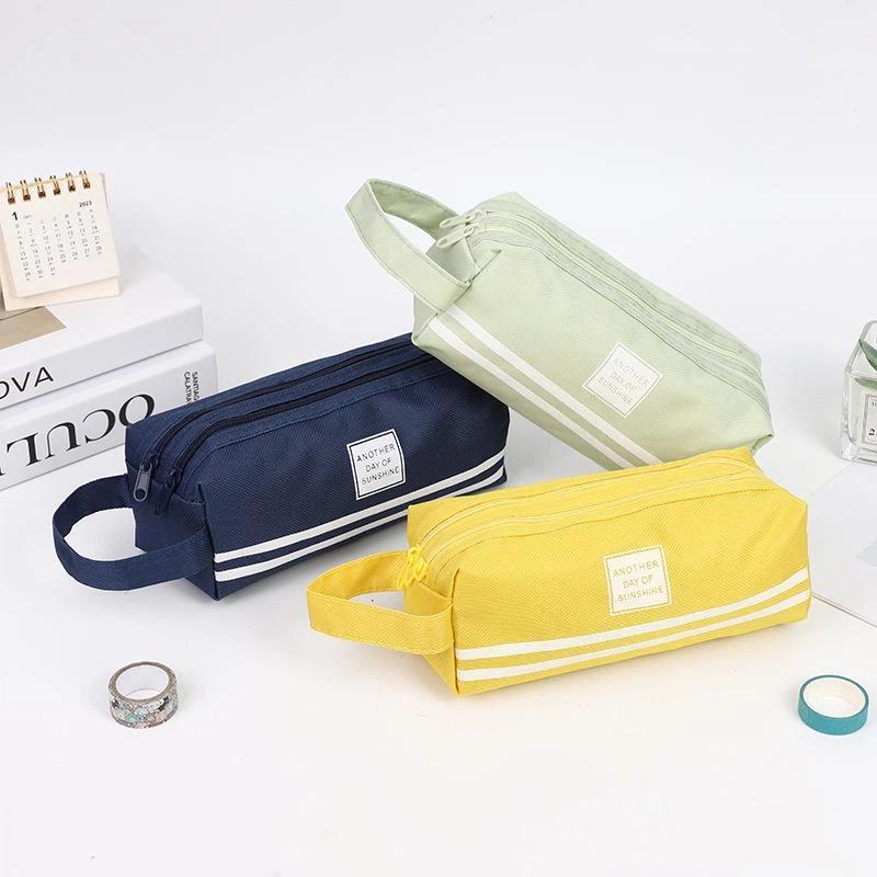 Oxford Cloth Pencil Case Large Storage Double Zippers Portable Handle For Students School Office Daily Stationery Use