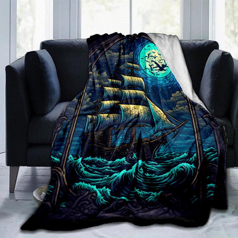 1pc Boat Printing Lightweight Flannel Blanket, Comfortable and Warm Blanket, for Camping Sofa Bed and Couch Office, Suitable for Gift Blanket