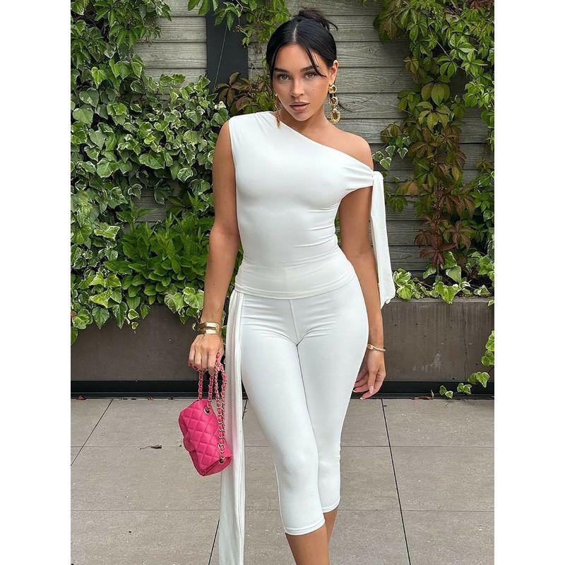Slant Collar Top Slim Fit Pants Set Diagonal Collar Sexy Top Slim-Fit Pants Suit