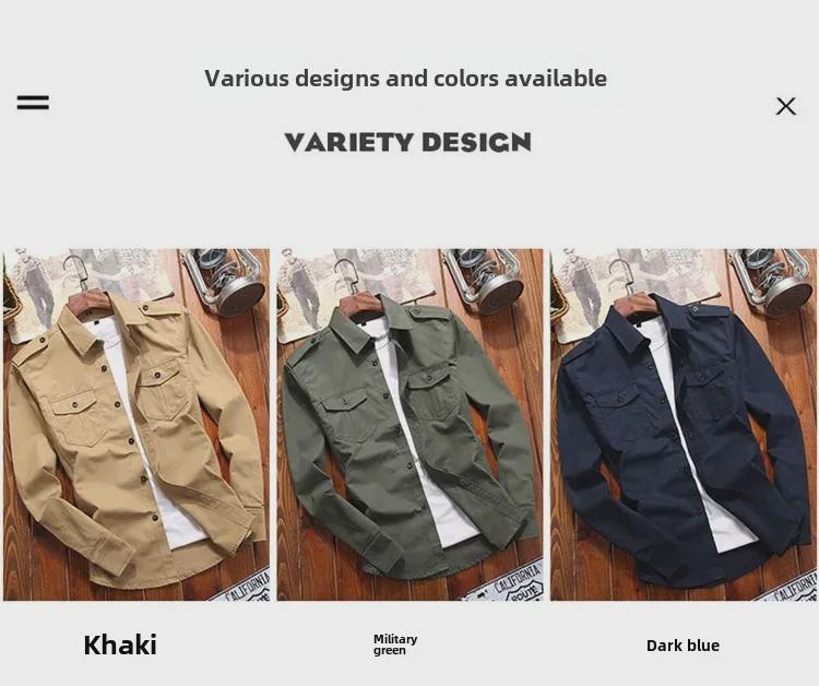 Férfi karcsú szabású katonai pamut munkaing epaulettekkel, dupla zsebekkel - hosszú ujjú tavaszra és őszre