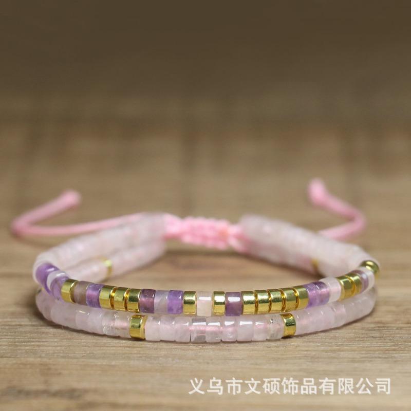 Rose Quartz Amethyst Heishi Bead Bracelet Set – Gold Accent Adjustable Dainty Jewelry, Love Calm Gift for Women
