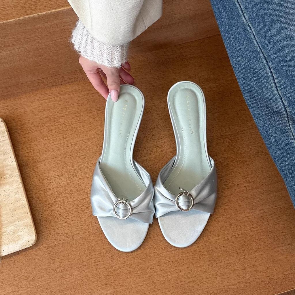 Fashion Elegant Mid Heels Women Slippers Designer Heeled Sandals Woman Shoes 2025 Summer Fad Flip Flops Shallow Stilettos Mujer Zapatos