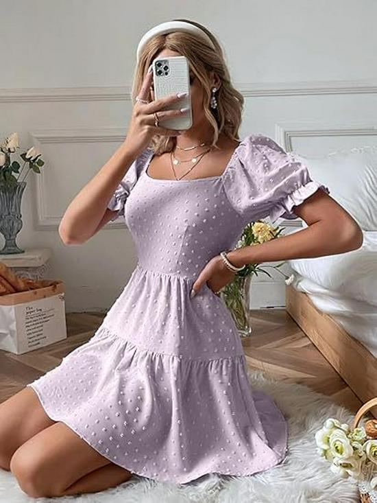 European Summer 2026 Women s Casual Dress, Flowy Hem, Short Sleeves, Pleated, Cinched Waist, Tie-Up. Large