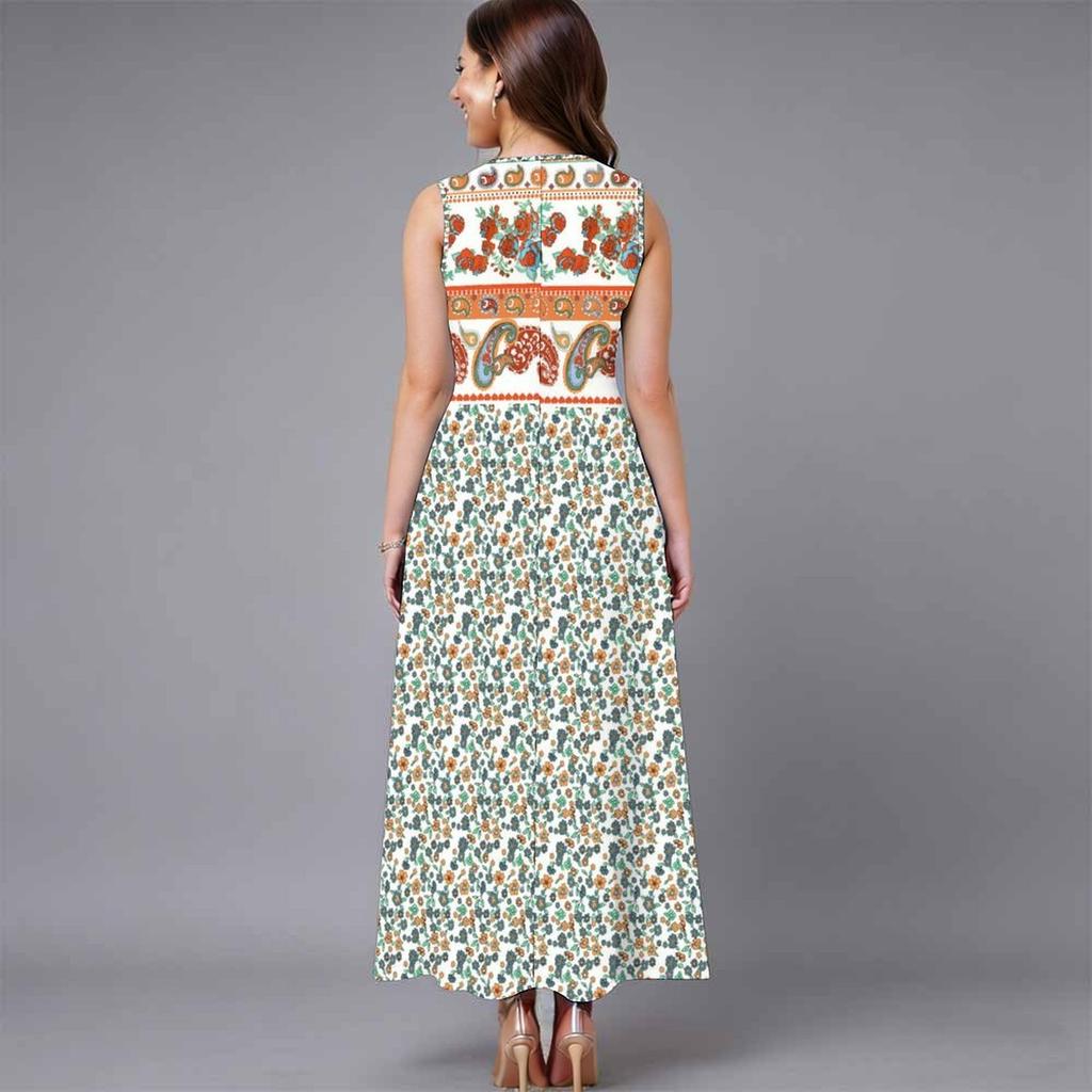 Plus Size Women Sleeveless Crew Neck Dress Romantic Bouquet Floral Flowy Calf Length Dress