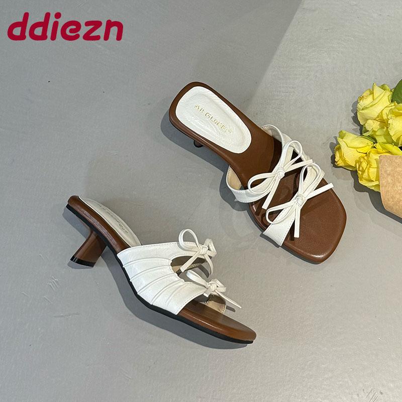 Fashion Fashion Square Toe Ladies 4cm Heels Sandals Slides Female Butterfly-Knot Footwear Elegant Women Heeled Sandals Shoes Pumps