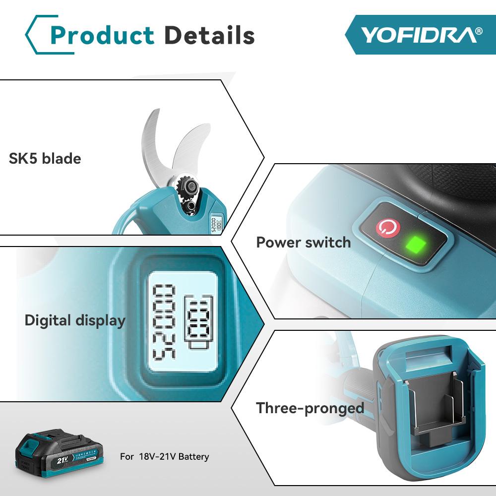 Yofidra 30mm Bürstenlose Elektrische Rebschere 2 Gänge Akku Wiederaufladbar Astschneider Gartengerät Für Makita 21V Akku Stift
