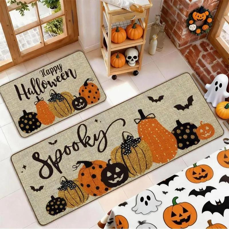 1/2pcs Halloween Kitchen Carpet Pumpkin Bat Non-Slip Oil Proof Floor Mat Entrance Hallway Carpet Home Decor