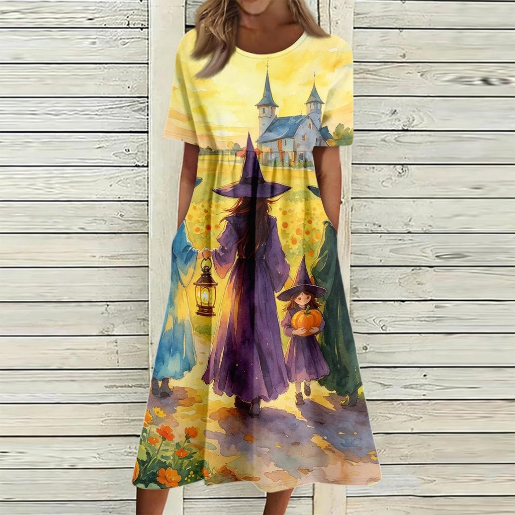 Women's Casual Round Neck Dress with Halloween Print and Pockets