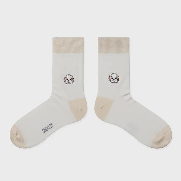 FEM Maltipom Dog Embroidered Socks - White Ivory