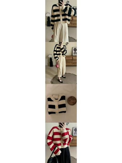 Korean Retro Minimalist Color Block Stripe Knit Cardigan - Women's Long Sleeve Round Neck Sweater for Autumn/Winter