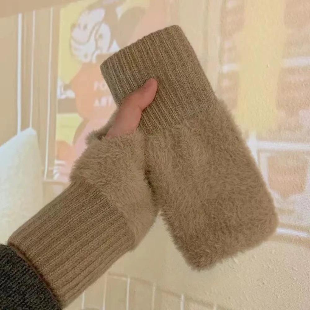 Soft Winter Half Finger Gloves Women Warm Luxury Solid White Plush Knitted Fingerless Gloves Wrist Mittens