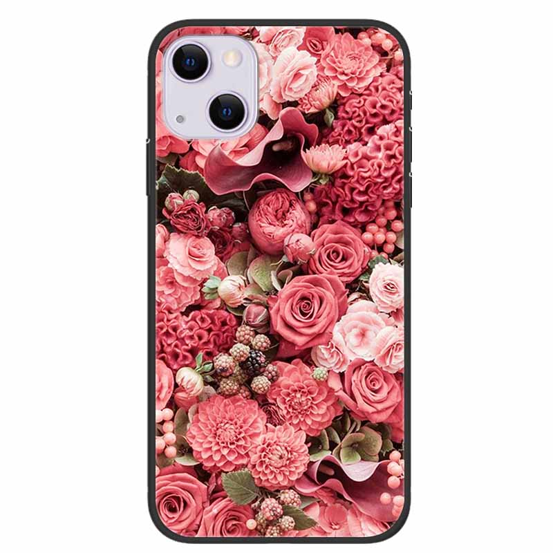 For iPhone 14/14 Plus Case Black Silicone Soft TPU Luxury Flower Animal Back Cover For iPhone 14/14 Plus New Shells for iPhone14