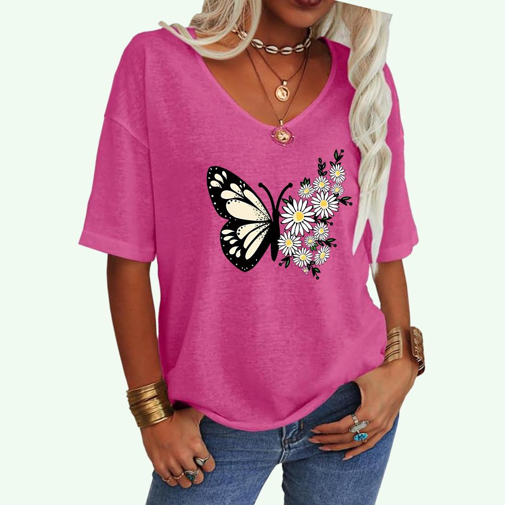 

Женская мода V-образный вырез свободная футболка повседневный принт бабочка топ женская футболка с коротким рукавом XXL розовый