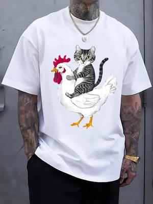Whimsical Cat & Rooster Print Short-Sleeve T-shirt - Lightweight Polyester Blend