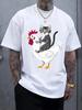 Whimsical Cat & Rooster Print Short-Sleeve T-shirt - Lightweight Polyester Blend