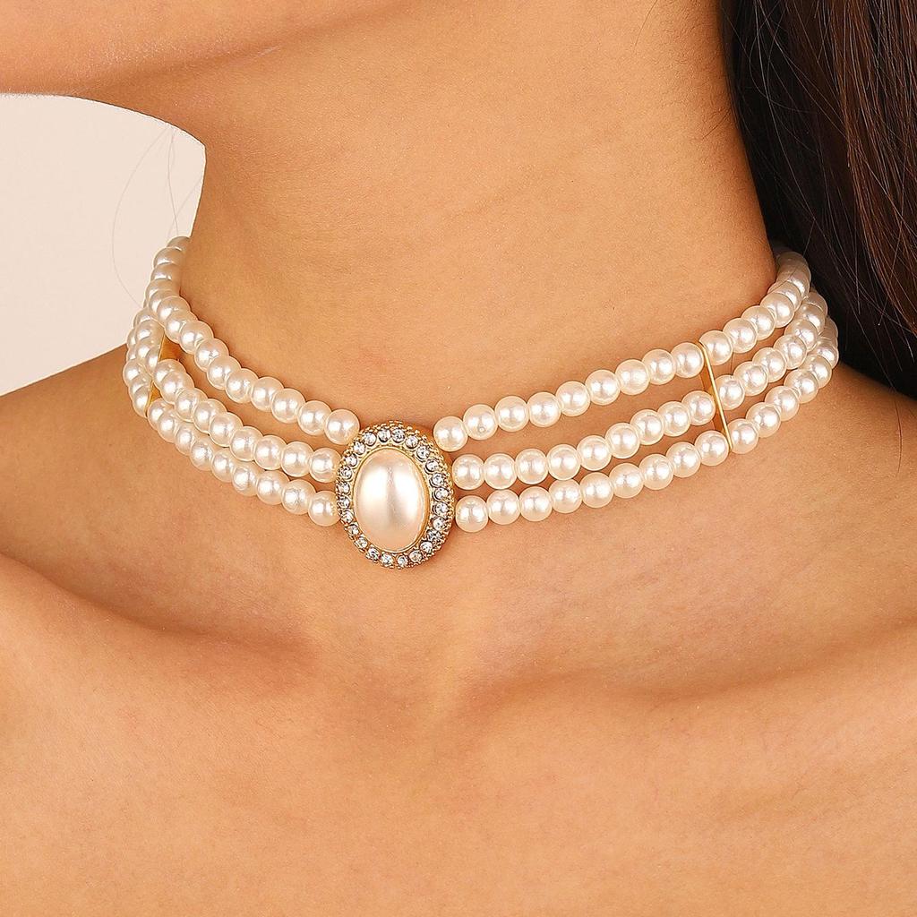 Women's High-End European & American Jewelry Set: Double-Layer Pearl Choker, Clavicle Necklace, Bracelet & Earrings
