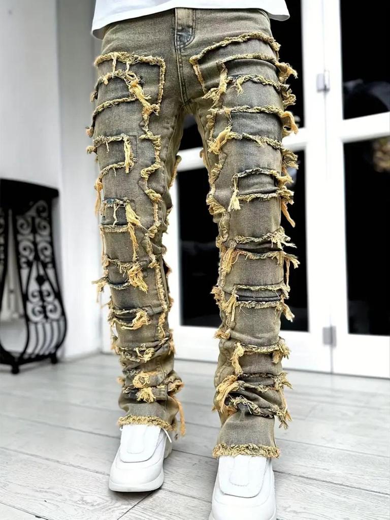 Men's Fashion Trend Elastic Tassel Patchwork Straight-Leg Jeans