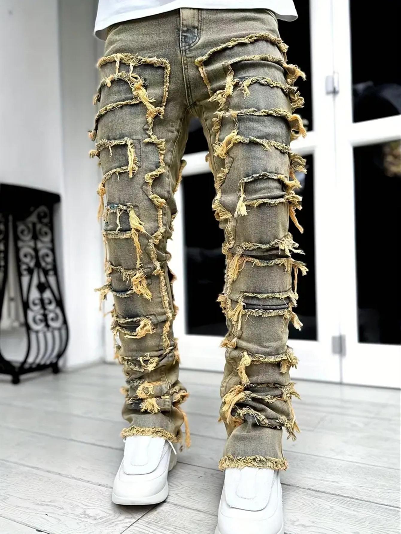 

Европейские и американские мужские модные эластичные джинсы-микроклеш с бахромой-аппликацией 2XL