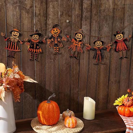 2 Pcs Halloween Vintage Bunting Banner Wooden Witch Pumpkin Scarecrow Hanging Banner Garland for Halloween Party Horror Home Wall Decor