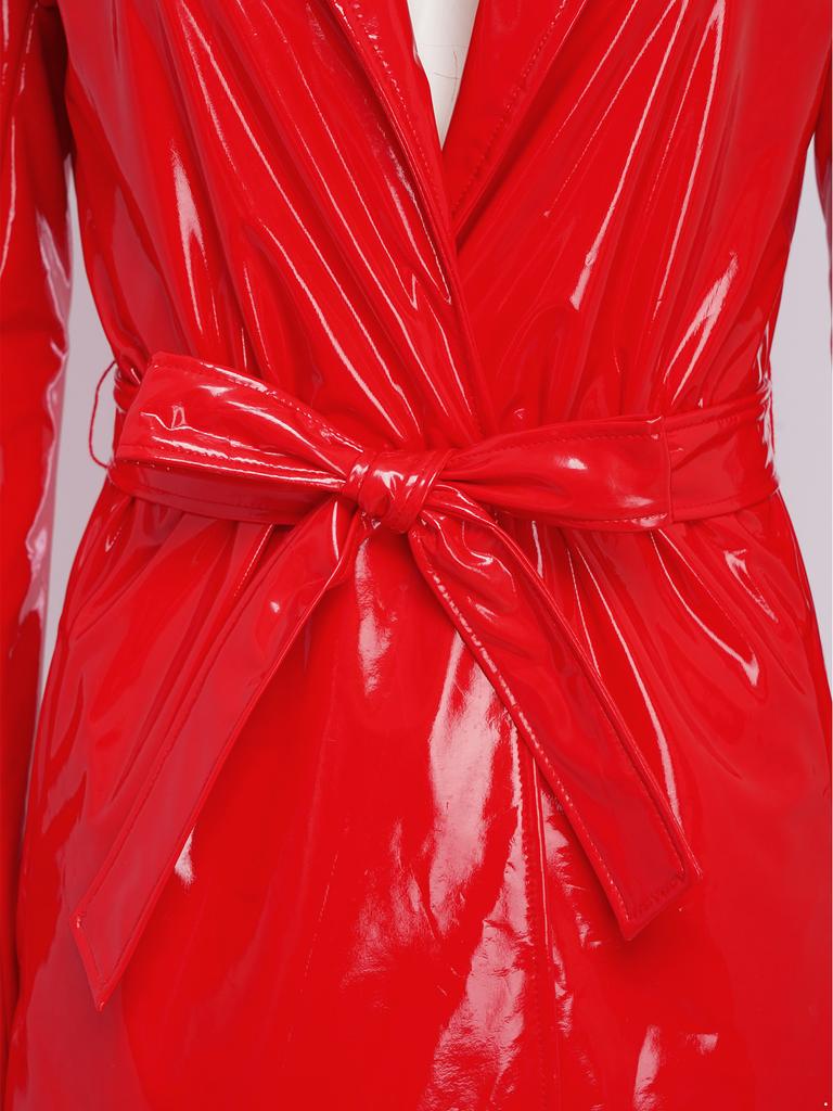 S-3XL Women‘s Long PU Leather Trench Coat: Glossy Lapel Blazer Style with Belt, Casual Open Front Jacket for Streetwear