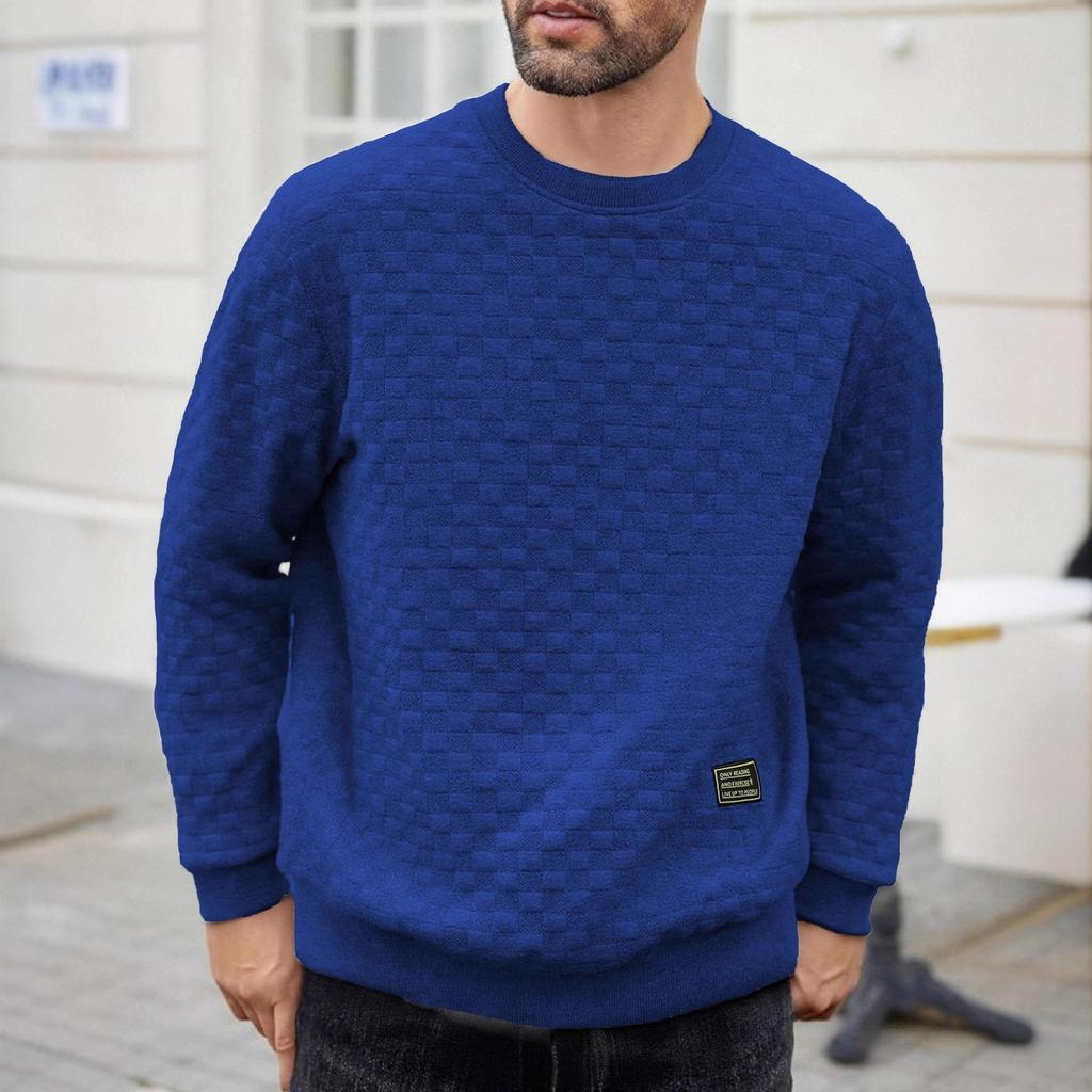 Autumn Winter Slim Round Collar Long Sleeve Square Checker Personality Wind Casual Bottom Shirt Men's Comfortable Fit Skin-friendly Breathable Tops