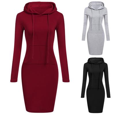Womens Long Sleeve Solid Patchwork O Neck Casual Long Hooded Sweatershirt Dress