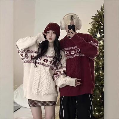 Fair Isle Retro Knit Crew Neck Pullover for Men & Women - Thick, Cozy Autumn/Winter Sweater for Couples