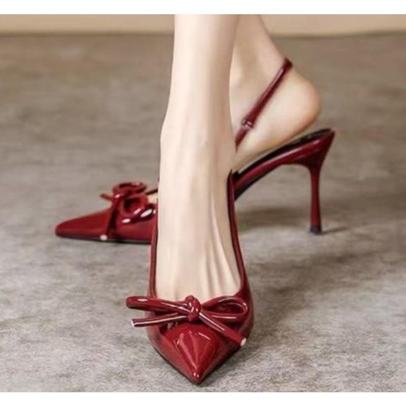 Fashion Black High Heels Women's Heels New Style Pointed Bow Thin Heel Professional Summer Red Sole One Button Toe Sandals Zapatos Mujer