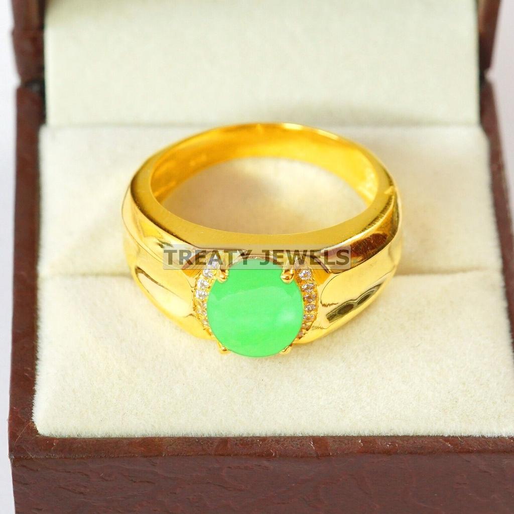 Jade Oval geschliffen Mit 925er Sterlingsilber Vergoldeter Ring Für Herren #B139 JL375671575121