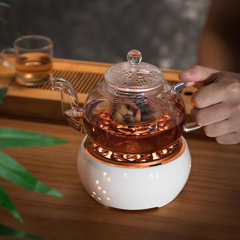 Heat-Resistant Glass Tea Kettle with Candle Warmer Base - Flower Tea Brewer & Filter Pot
