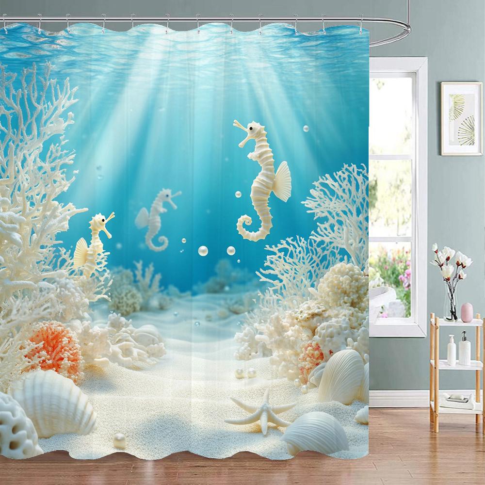 Beach Shower Curtain, Starfish Seashells Coral Ocean Bathroom Decorative Shower Curtain, Waterproof Shower Curtain with Hooks 90x180cm-35x70in
