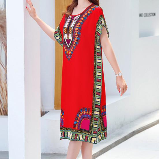 Women Dress Ethnic Style Round Neck Print Contrast Color Geometric Printing Pullover Loose Short Sleeves Midi Dress Women Clothes