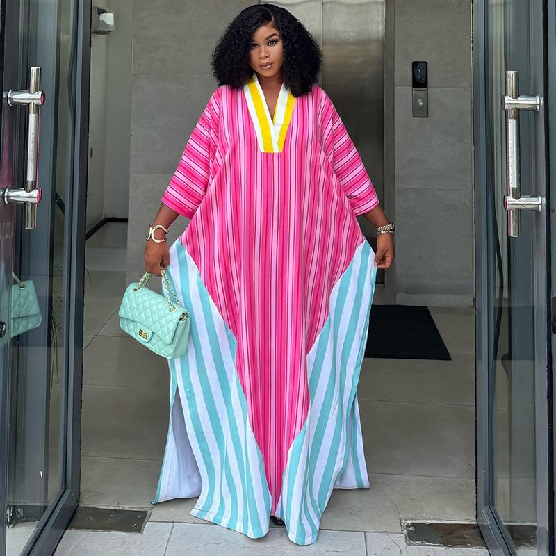 European, American and African women s clothing 2026 spring new foreign fashion v-neck striped loose long dress S
