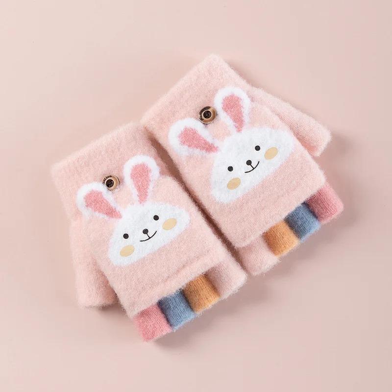 

Cartoon Rabbit Five Finger Children s Gloves for Winter Flip Knitted Warmth, Convenient and Practical Thickenedgo Out рожевий